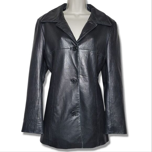 Hathaway Vintage Black Leather Buttery Soft Button-Up Fitted Jacket Coat - Picture 2 of 9